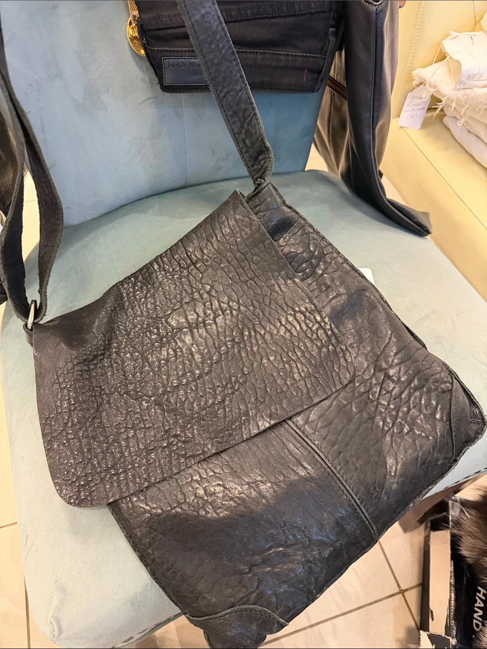 Men's Black Textured Leather Messenger Bag with Adjustable Strap